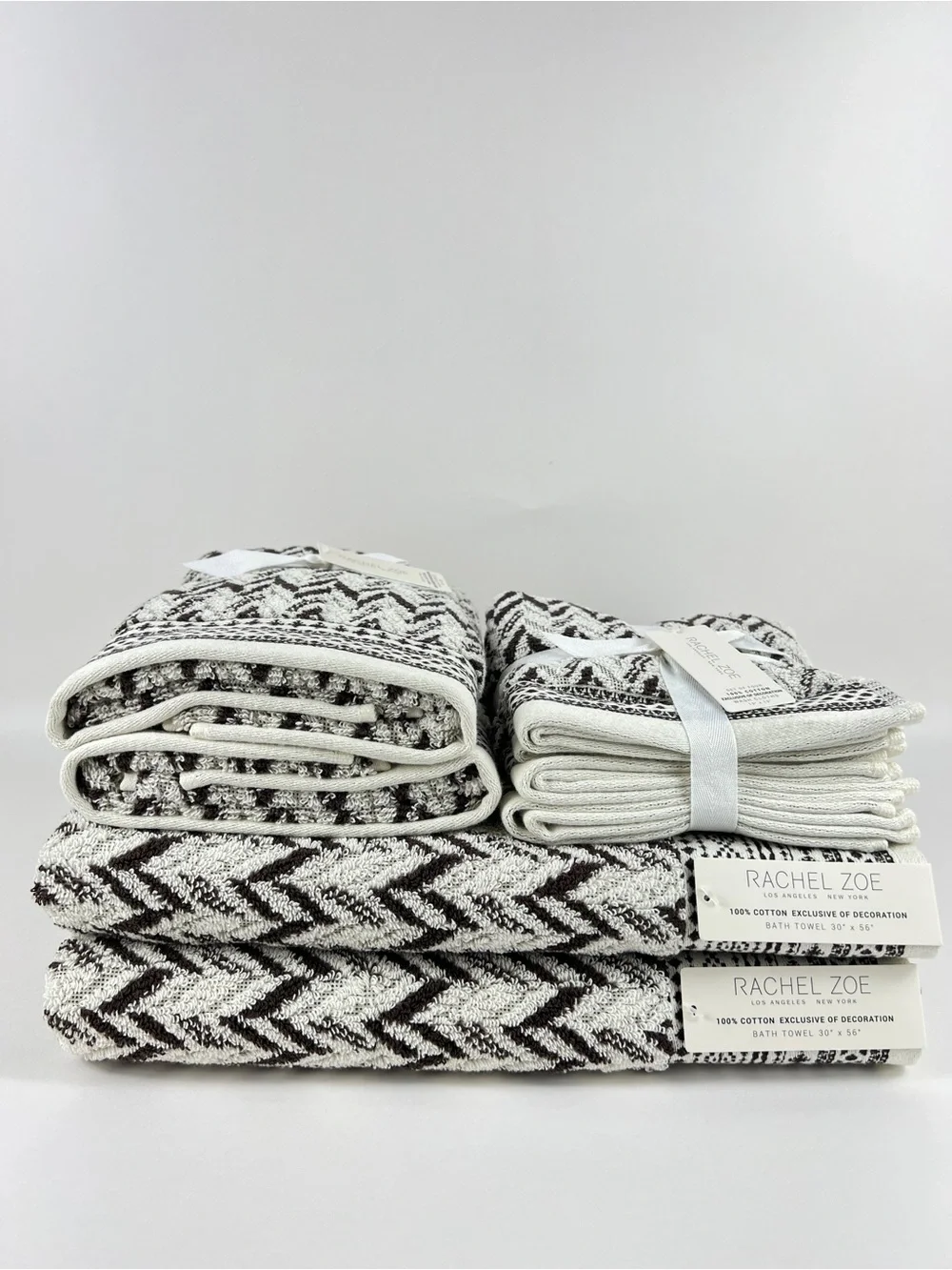 Rachel Zoe Bath Towel Set Brown Cream Zigzag Chevron Soft 100% Cotton 8 Pc NEW